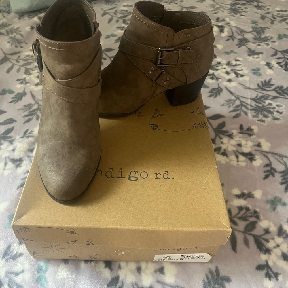 Indigo Brown Ankle Booties with Stacked Heel